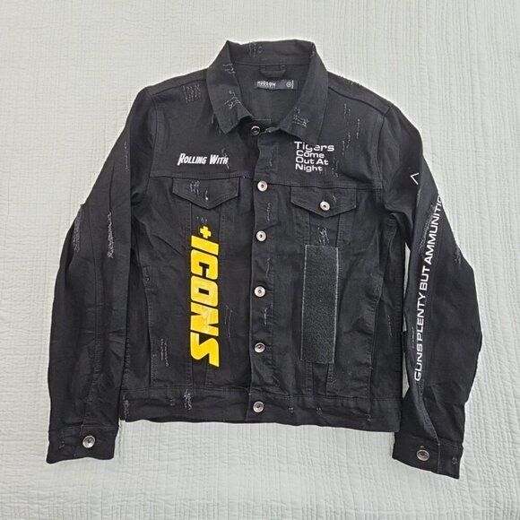 Hudson Outerwear Stretch Denim Jacket Men's Medium Black Long Sleeve Logos EUC - Picture 3 of 16